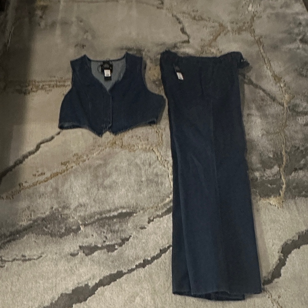 Fashion Nova Dark Blue Denim Vest and Wide Leg Pants Set